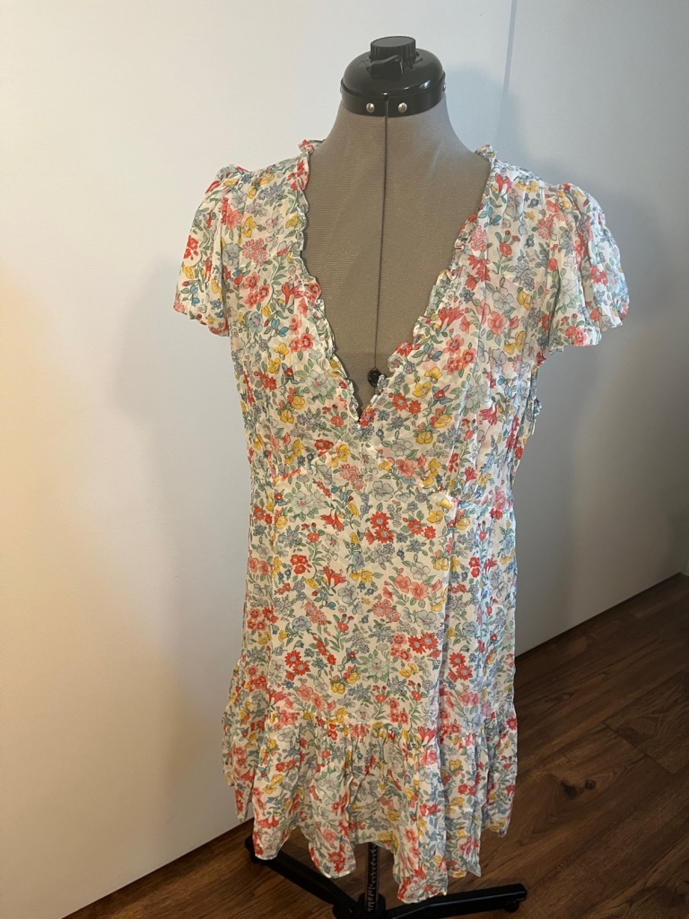 LoveShackFancy White Floral Ruffle Mini Dress with Red, Yellow & Blue Accents